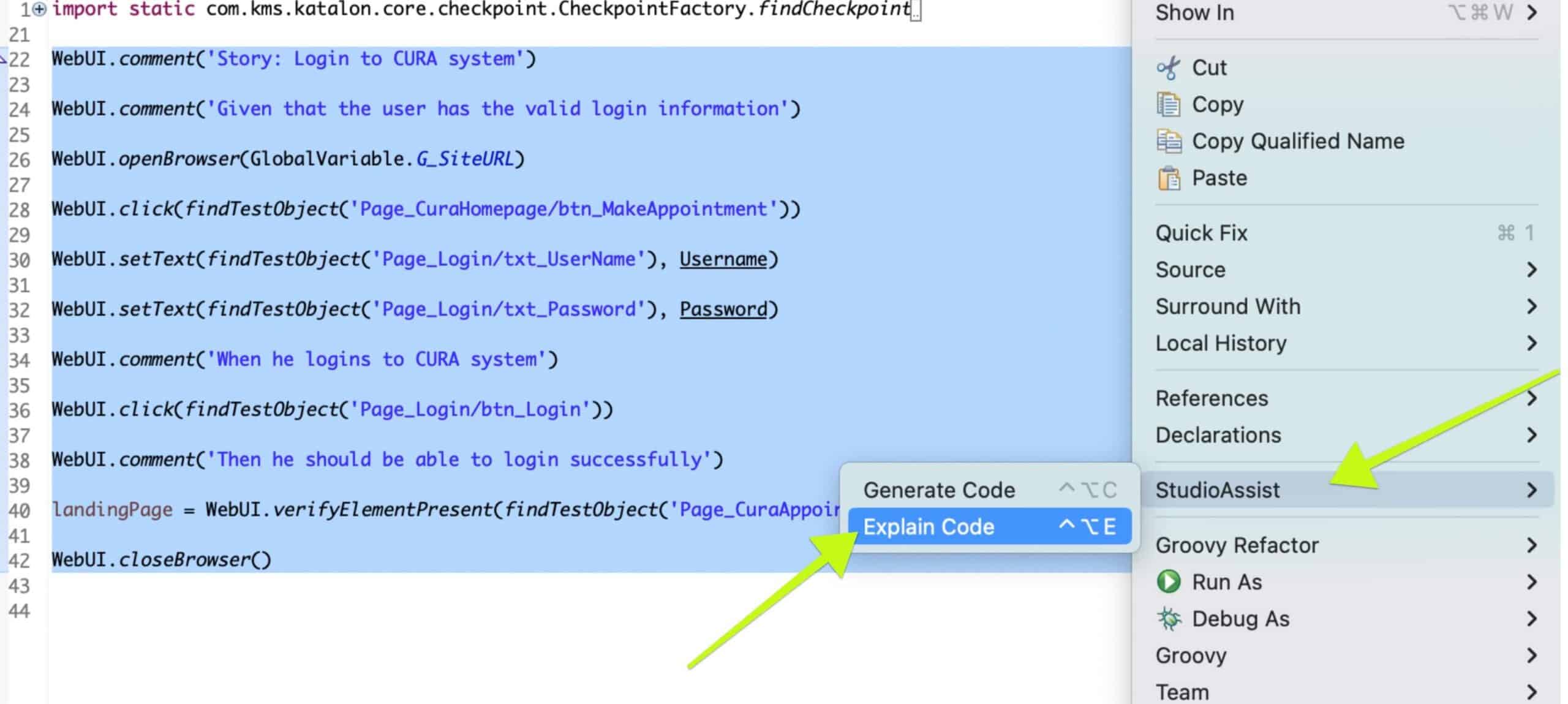 StudioAssist Katalon Explain Code AI