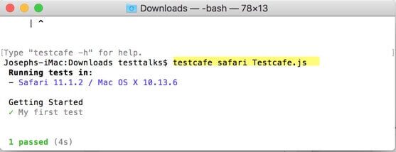 TestCafe run test command