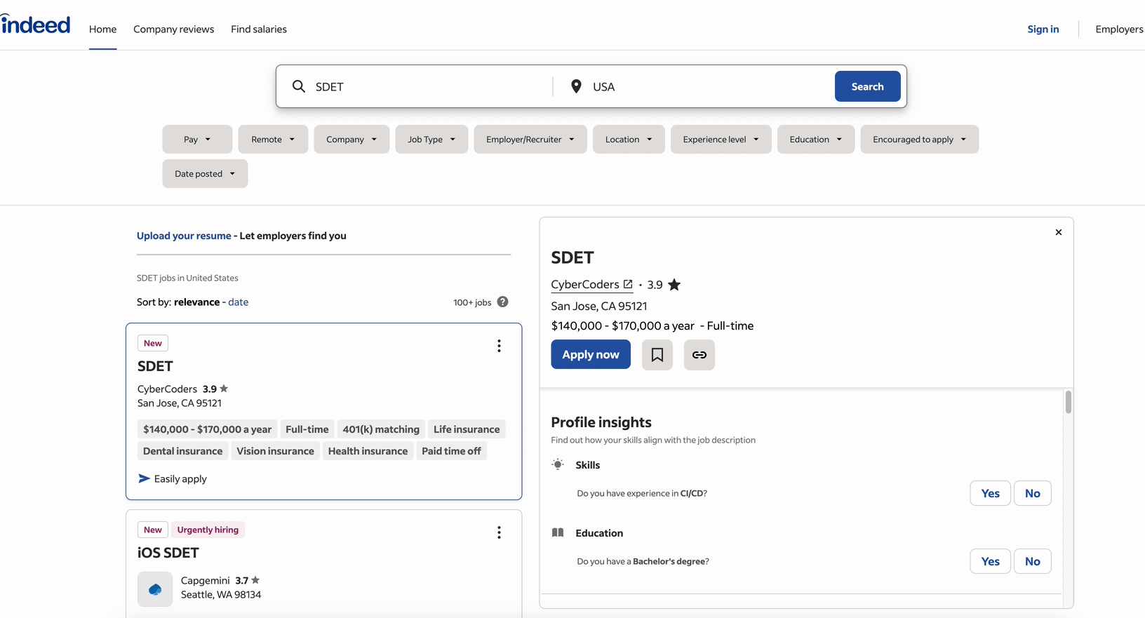 Indeed job search results for "sdet" in the USA, highlighting a CyberCoders SDET position in San Jose, CA with a $140,000-$170,000 salary range and detailed benefits information.